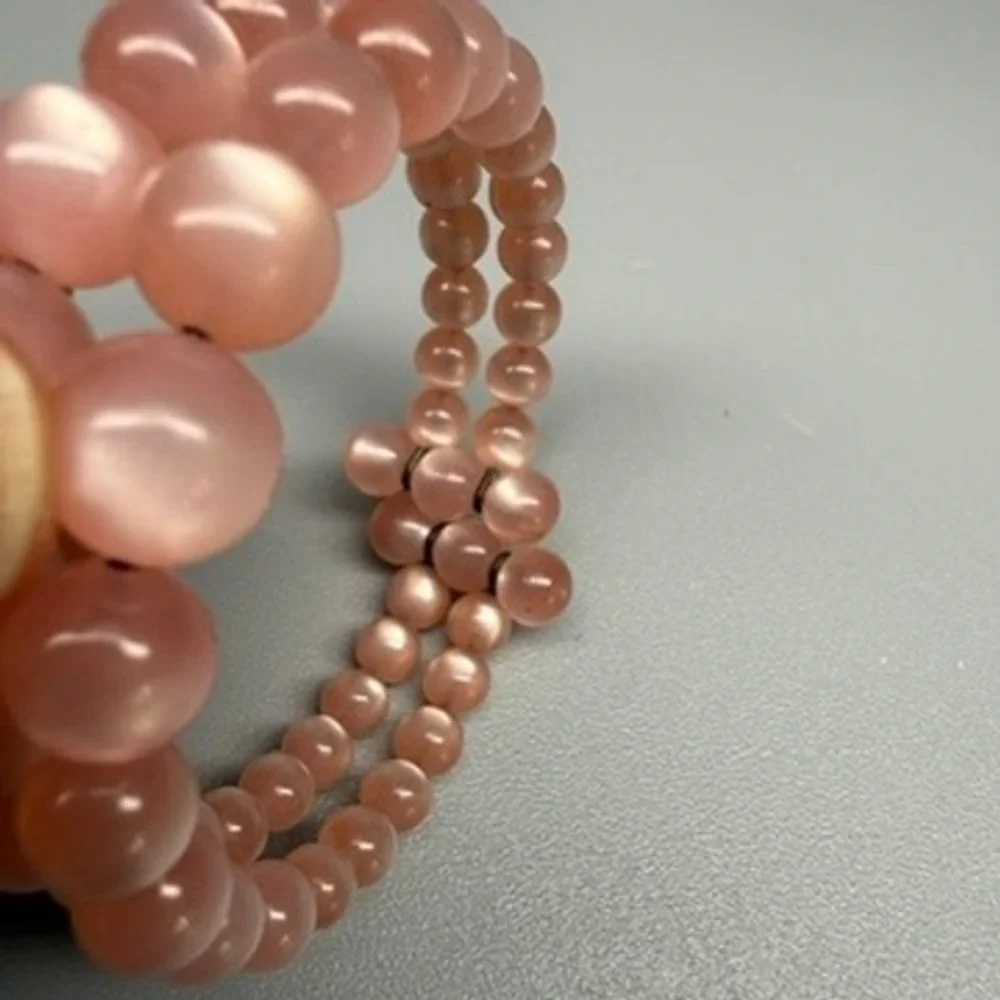 Vintage Moonglow Bracelet Pastel Pink Lucite Bead Double Row Memory Wire  6.5